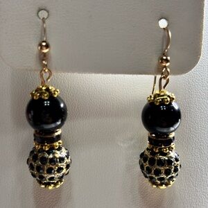 Handmade Black Onyx Earrings with Black Gold and Amethyst Rhinestones 2 inches